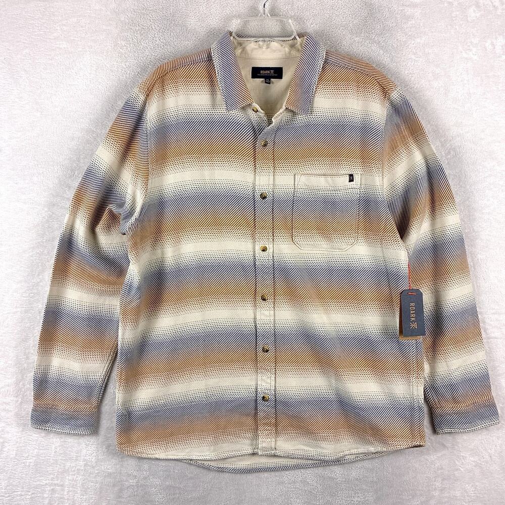 Roark Flannel Shirt Mens XL Cream Blue Striped Crossroads Preppy Organic Outdoor